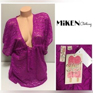 🆕MIKEN SWIM - M - NWT - PINK LACE CROCHET COVER UP / KAFTAN TUNIC